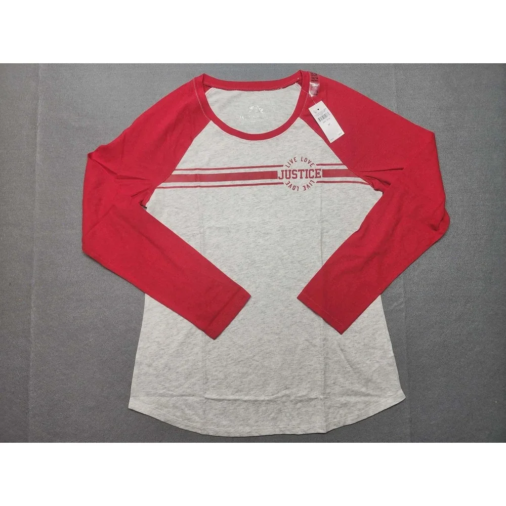 Justice Girls Raglan Long Sleeve Tee Gray Red Live Love Justice Size 16/18 NEW